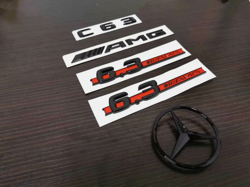 Gloss Black Red C63 AMG and Rear Star Side 6.3 AMG Emblem Badge For W204 507