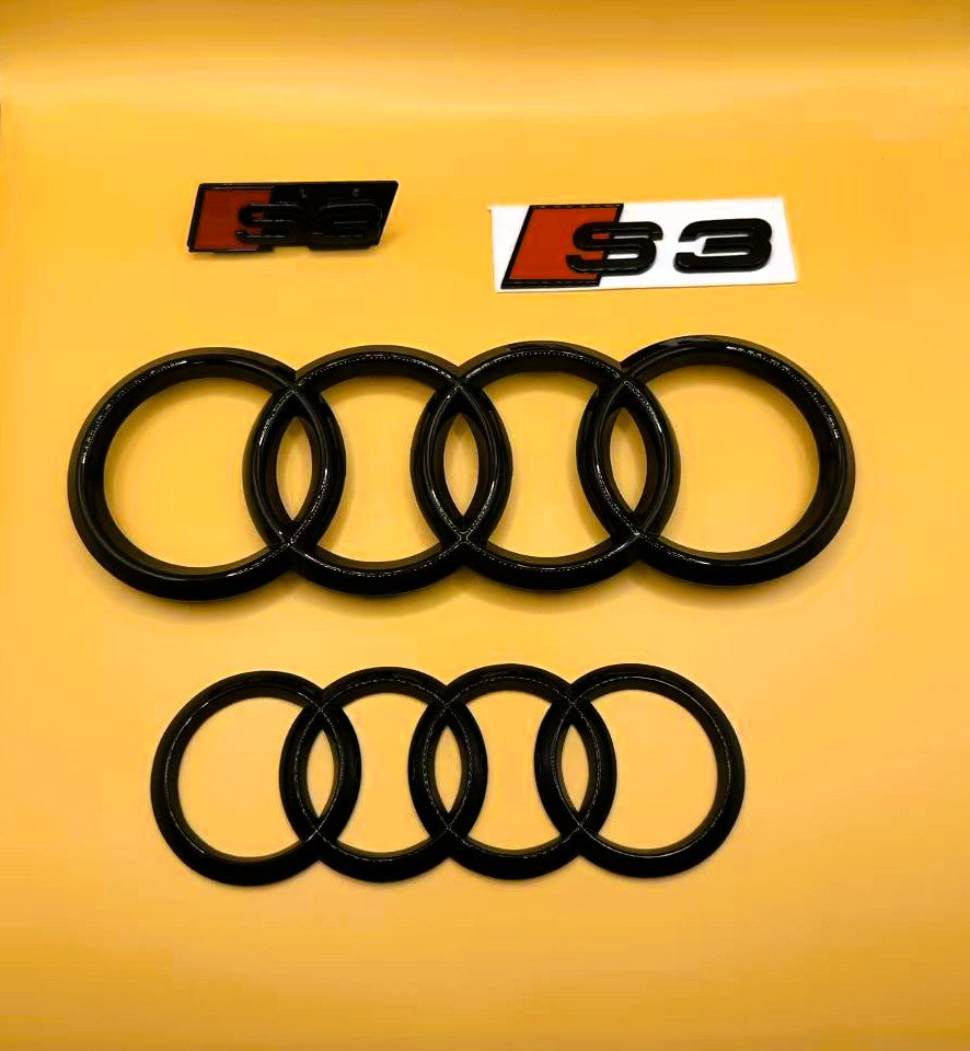 Gloss Black Audi S3 Rings Grill Mesh Emblem Badge Set 8V 2013-2020