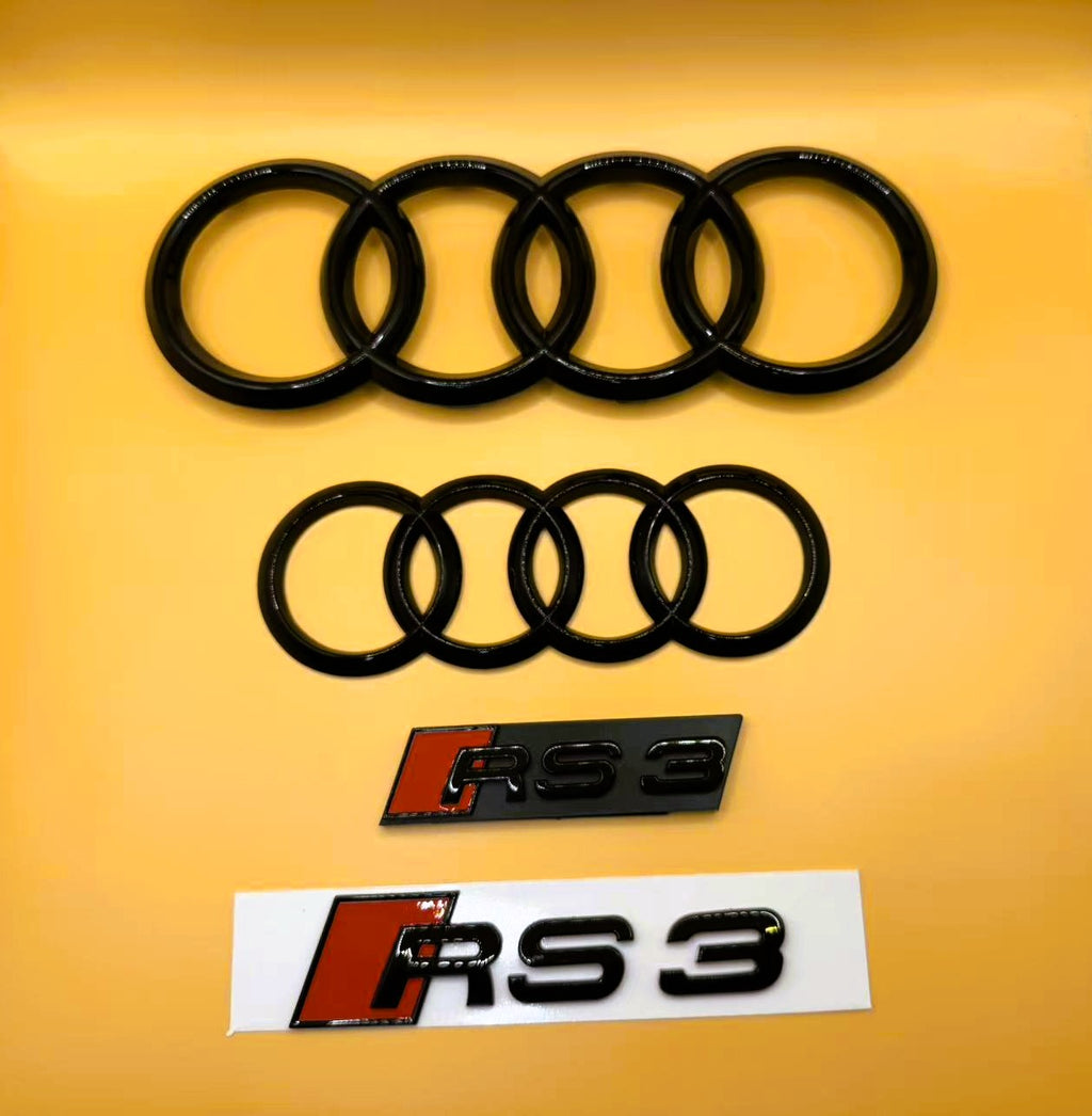 Gloss Black Audi RS3 Rings Grill Mesh Emblem Badge Set 8V 2013-2020