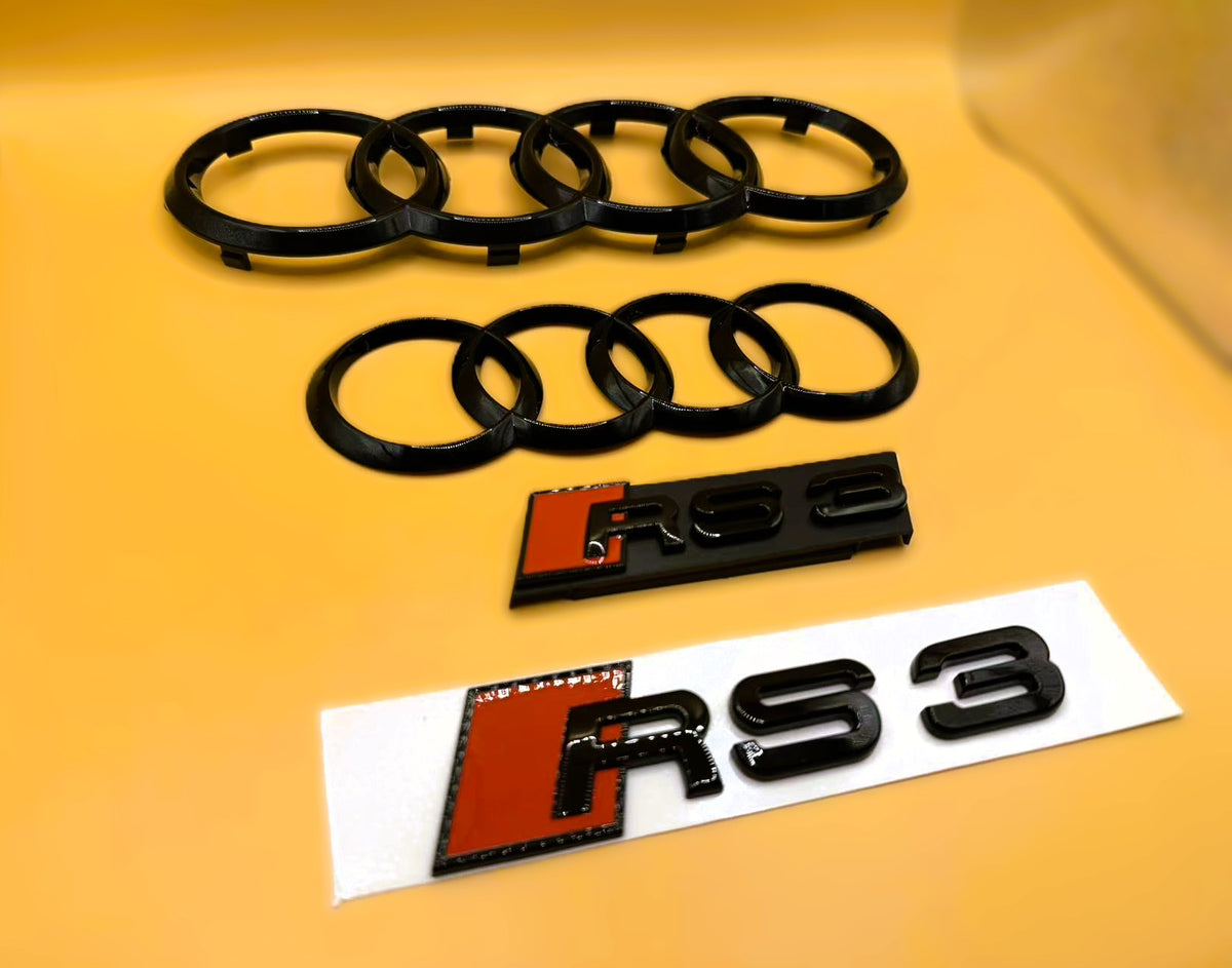 Gloss Black Audi RS3 Rings Grill Mesh Emblem Badge Set 8V 2013-2020