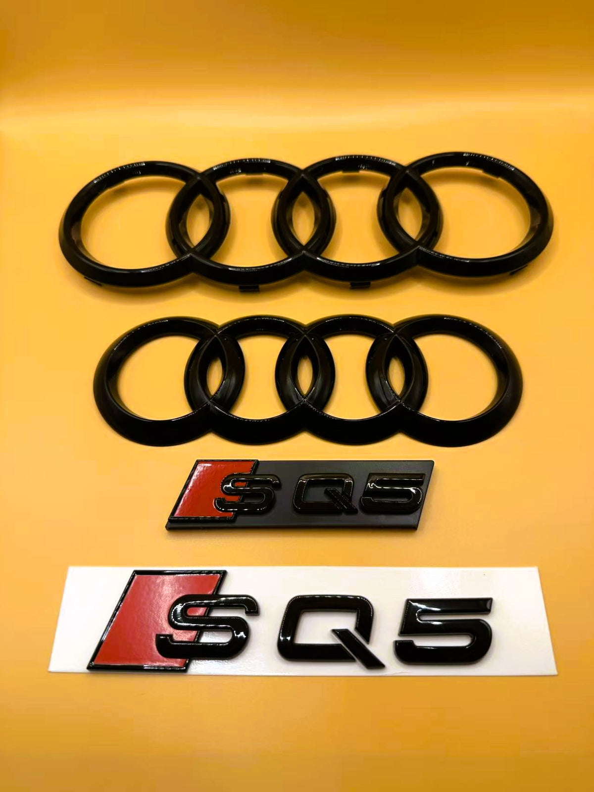 Gloss Black Audi SQ5 Rings Grill and Trunk Emblem Badge Set (2021-2024)