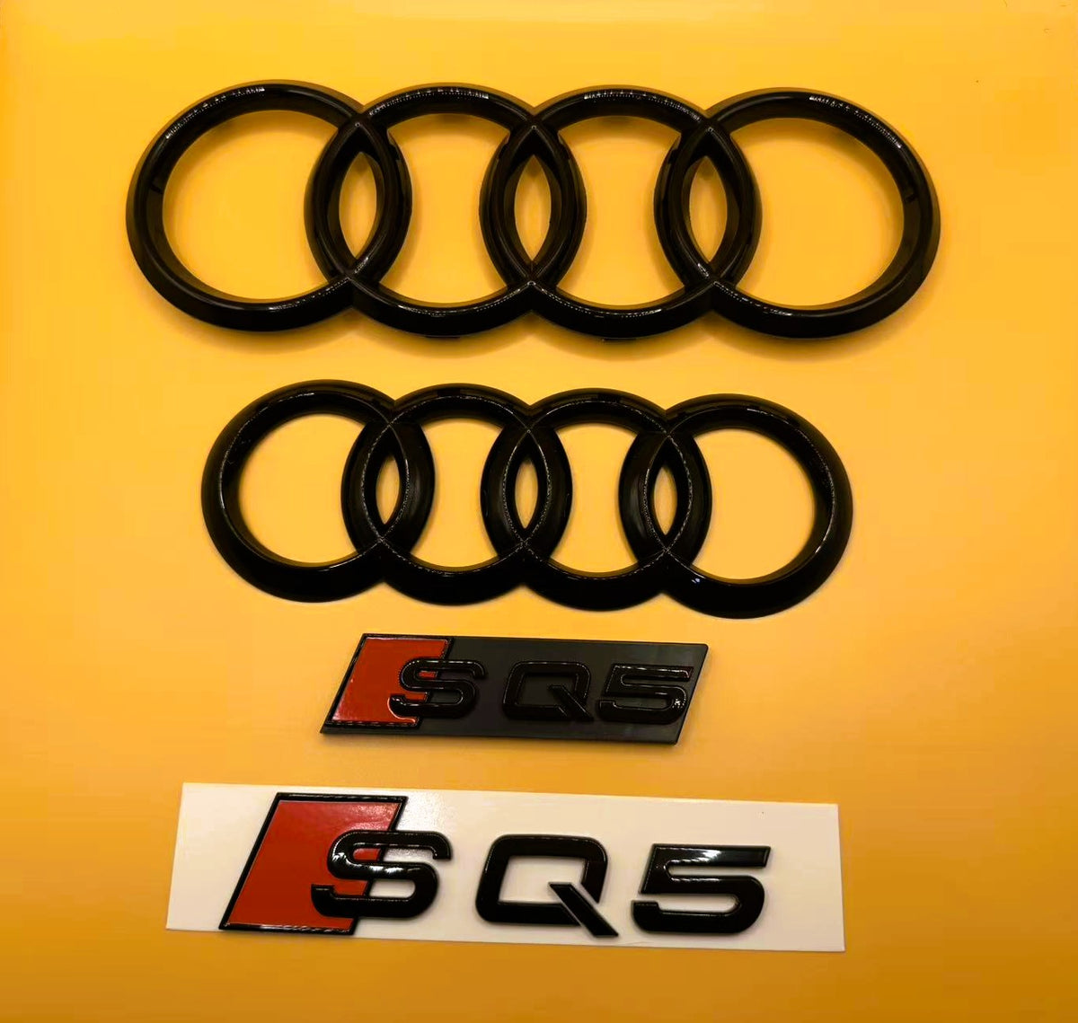 Gloss Black Audi SQ5 Rings Grill and Trunk Emblem Badge Set (2021-2024)